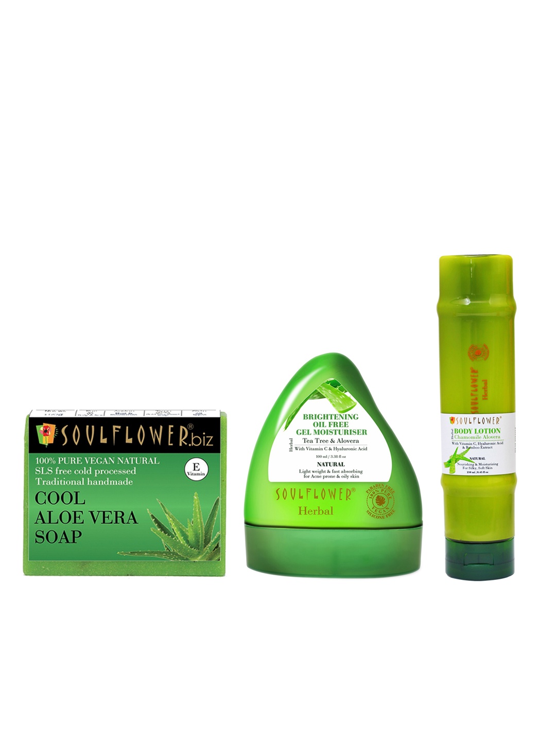 

Soulflower Set of Aloe Vera Gel 100 ml + Handmade Organic Soap 150 g + Body Lotion 250 ml, Green