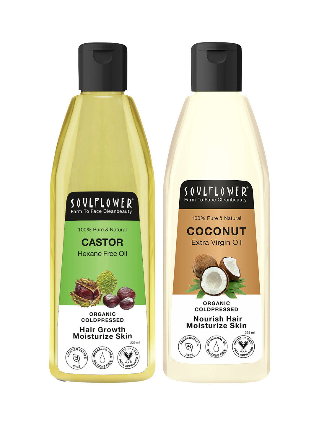 

Soulflower Set of Extra Virgin Coconut Hair Oil & Castor Hair Oil - 225 ml each, White