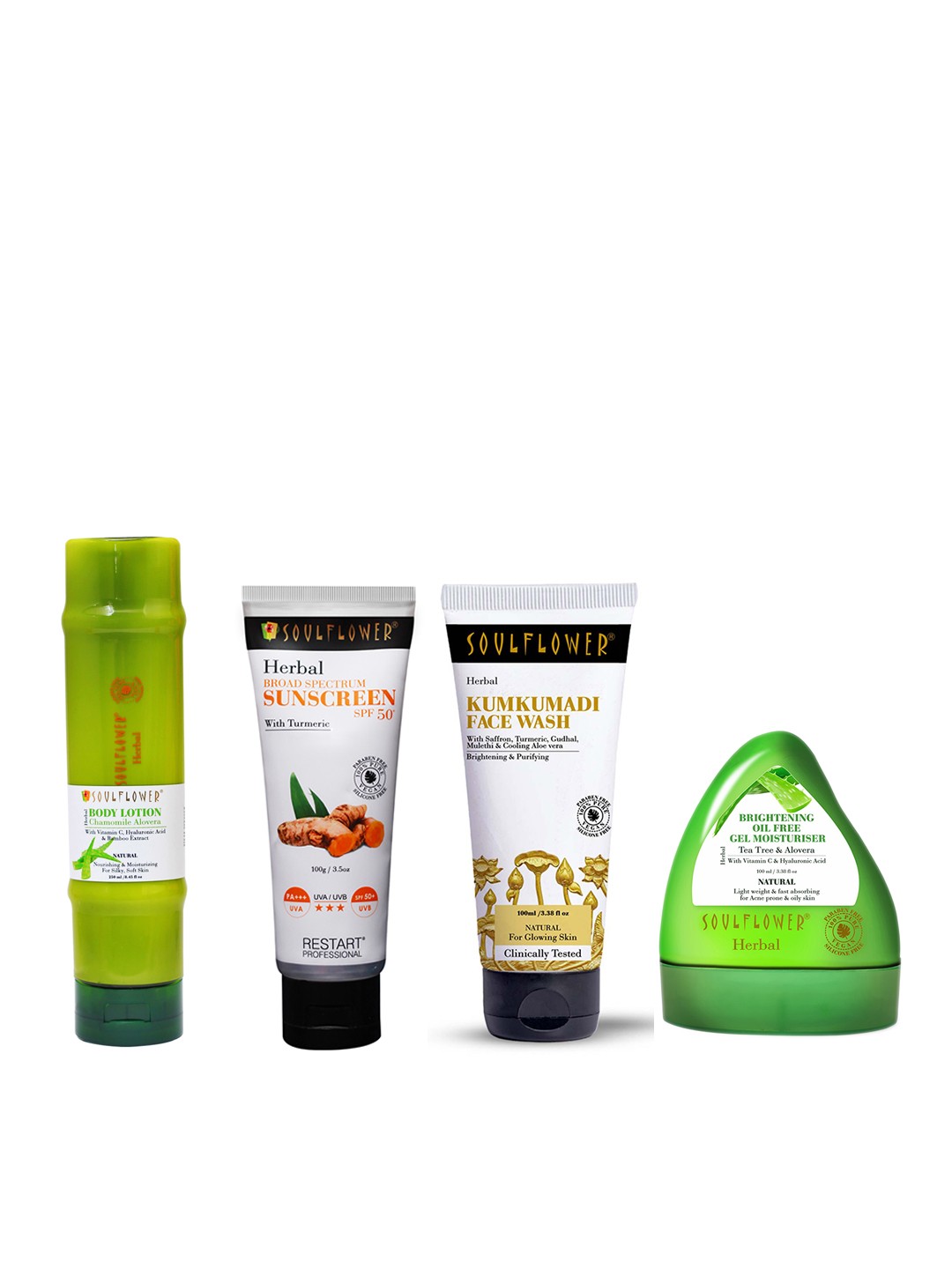 

Soulflower Set of Aloe Vera Gel + Body Lotion + Ubtan Face Wash + Broad Spectrum Sunscreen, Green