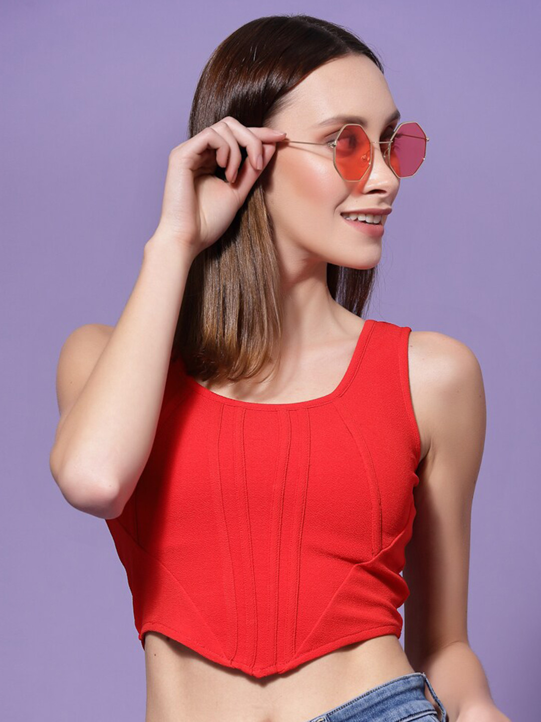 

KASSUALLY Round Neck Fitted Crop Top, Red