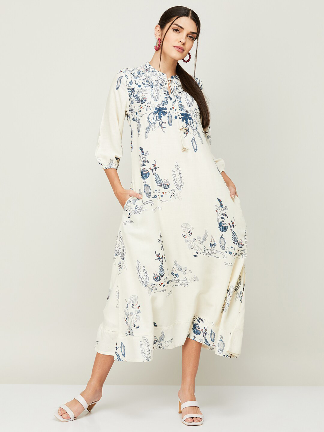 

Colour Me by Melange Printed Tie-Up Neck A-Line Midi Dress, White