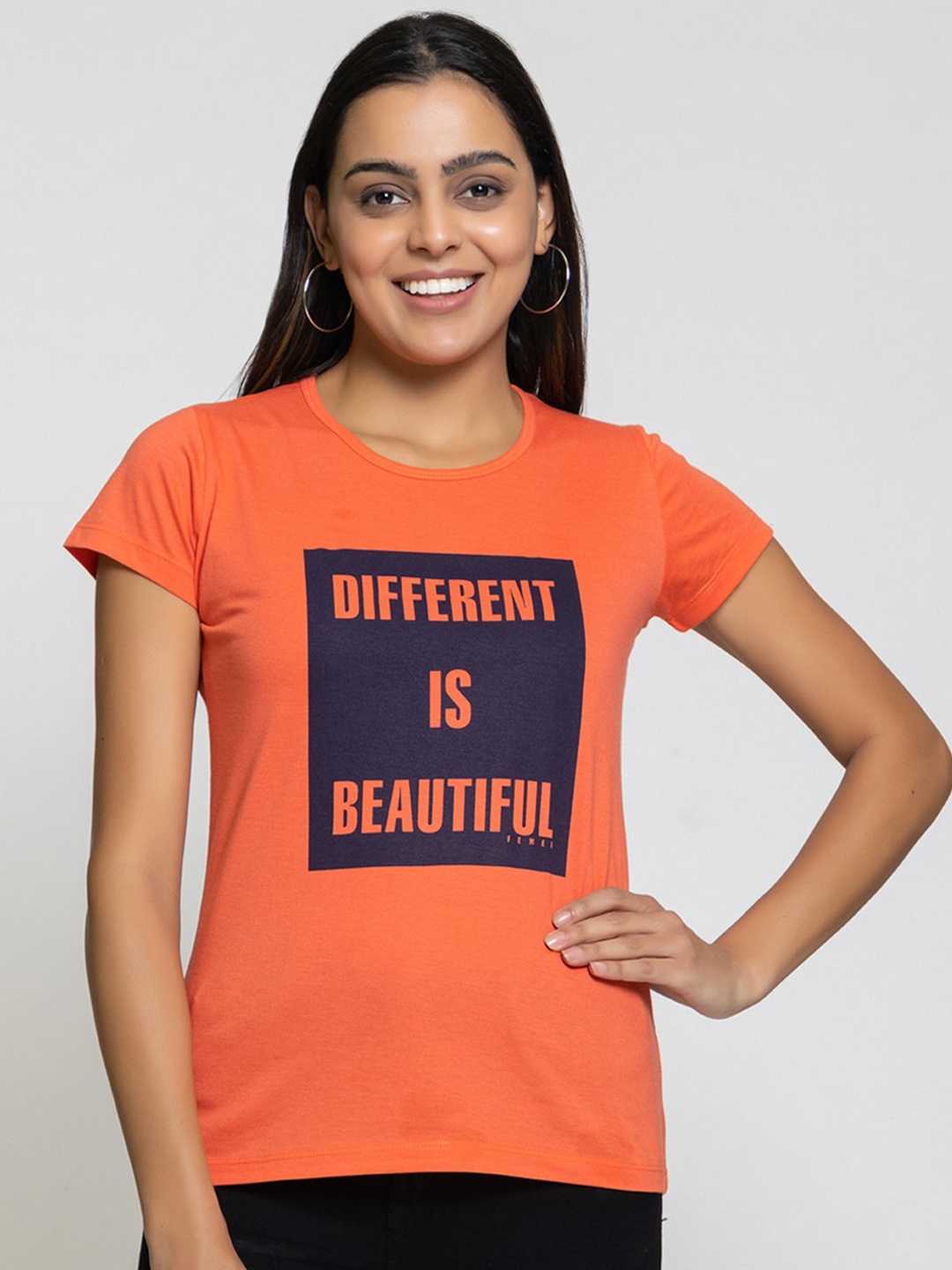 

FEMEA Women Typography Printed Cotton T-shirt, Orange