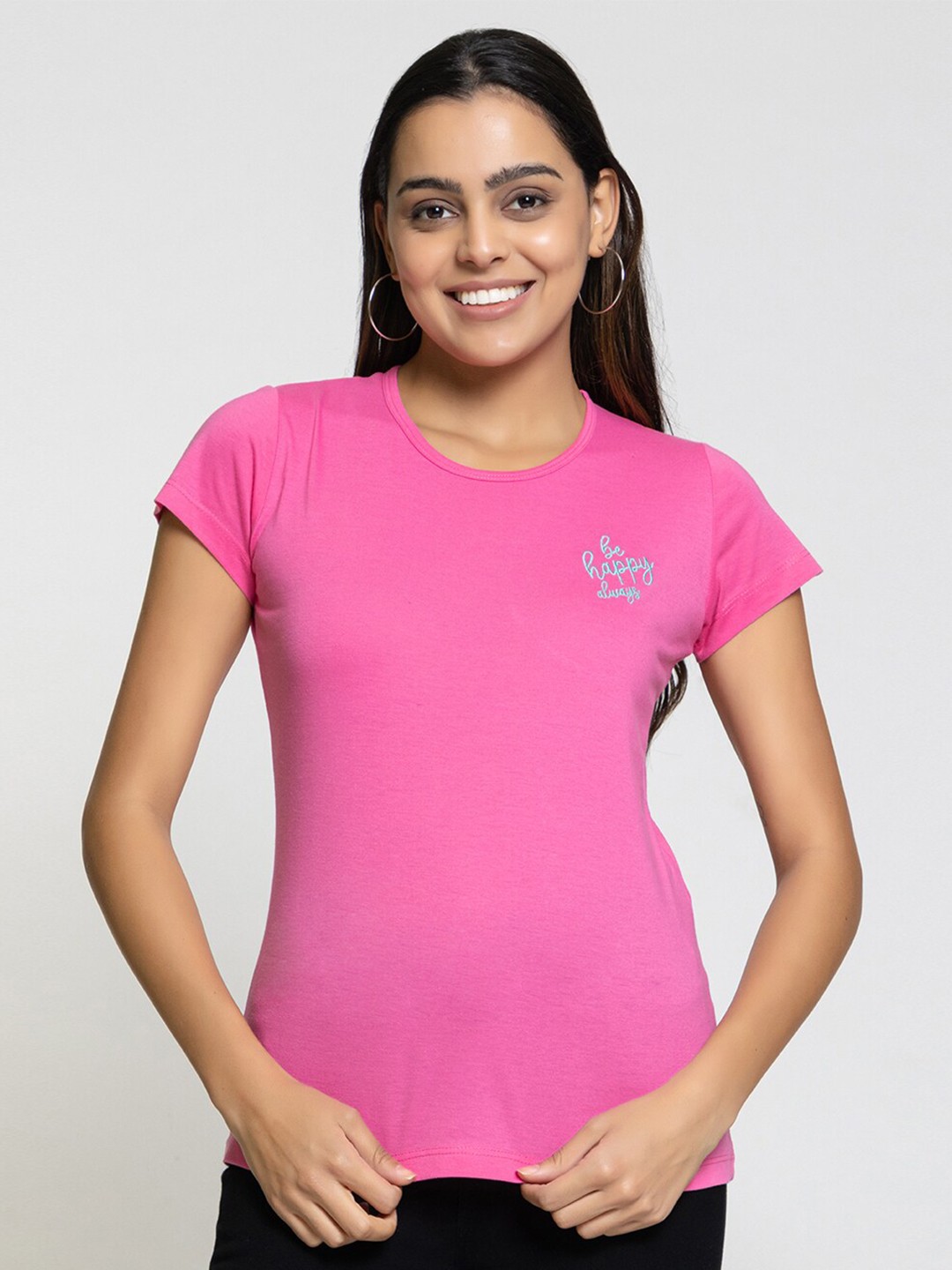 

FEMEA Women Typography Printed Cotton T-shirt, Pink