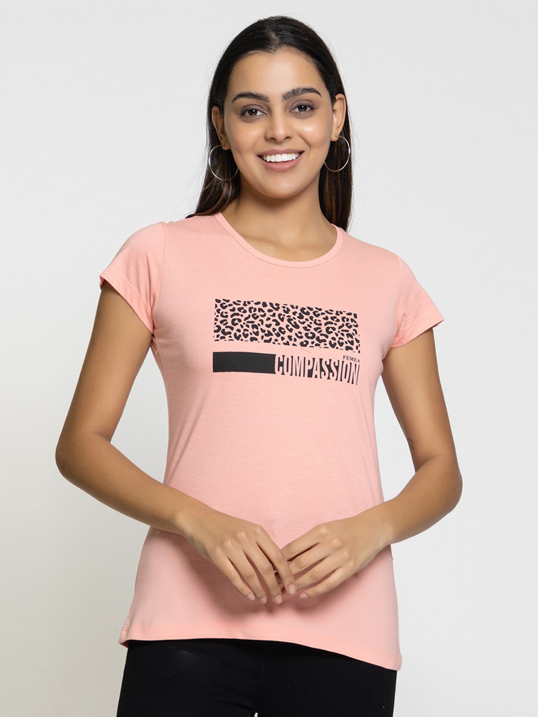 

FEMEA Typography Printed Cotton T-shirt, Peach