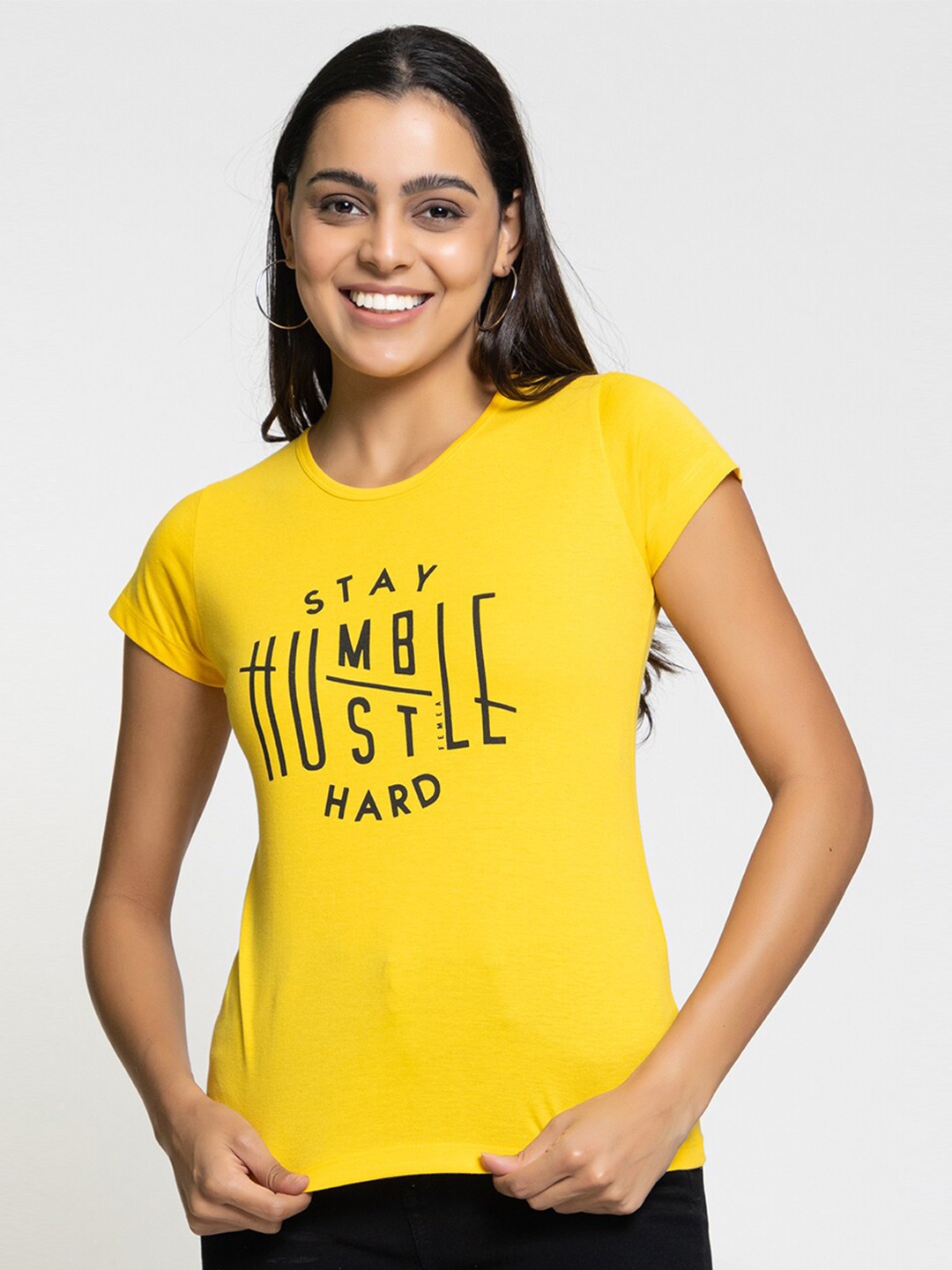 FEMEA Typography Printed Cotton T-shirt, Yellow