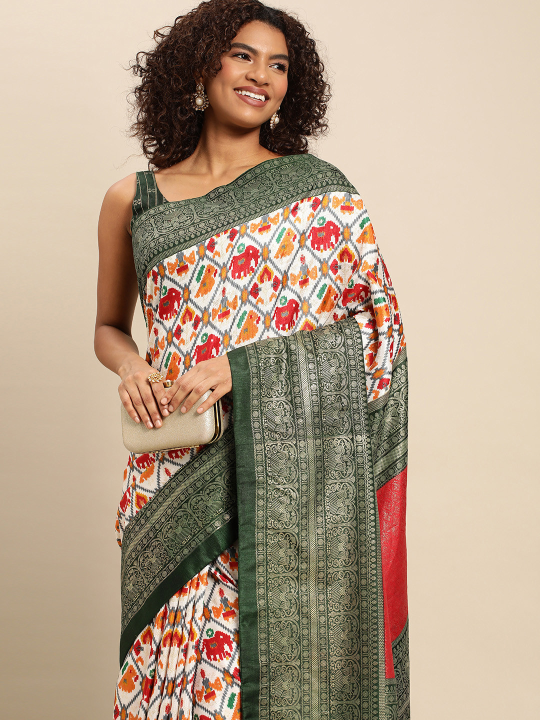 

LOOKNBOOK ART Ethnic Motifs Printed Dola Silk with Patola Saree, Green