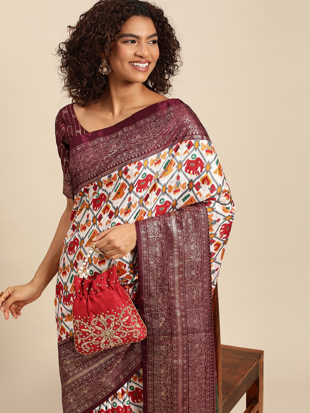 

LOOKNBOOK ART Ethnic Motifs Printed Dola Silk with Patola Saree, Burgundy