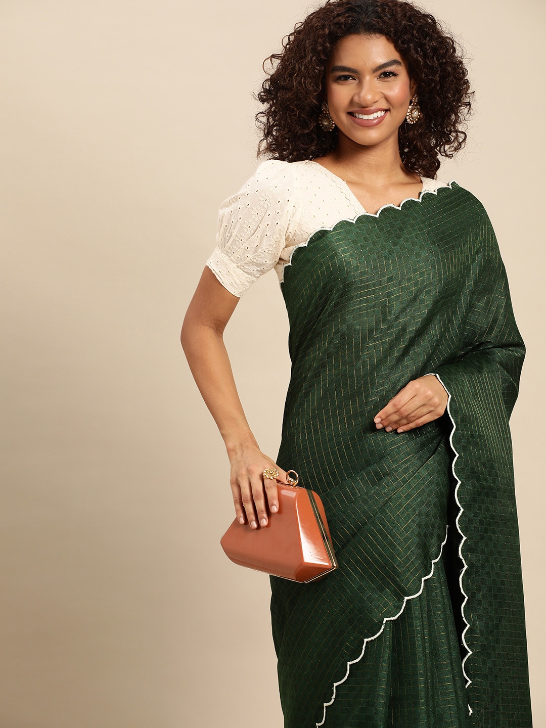 

LOOKNBOOK ART Cotton Silk with Arco Work Saree, Green