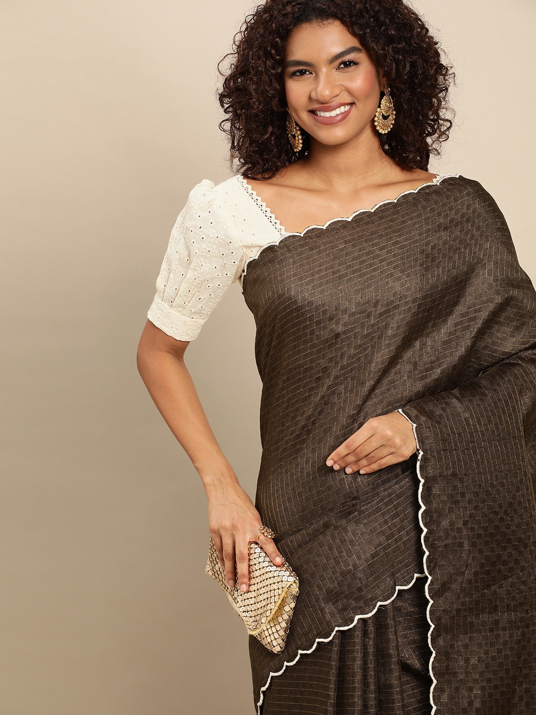 

LOOKNBOOK ART Cotton Silk With Arco Work Saree, Brown