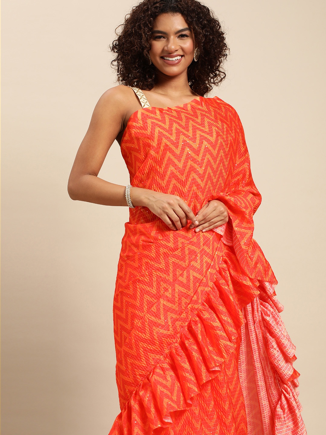 

LOOKNBOOK ART Silk Blend Ruffles Saree, Orange