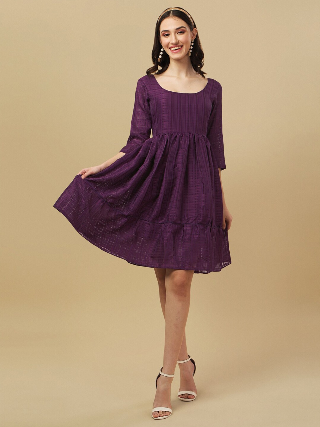 

White World Round Neck Flared Dress, Purple