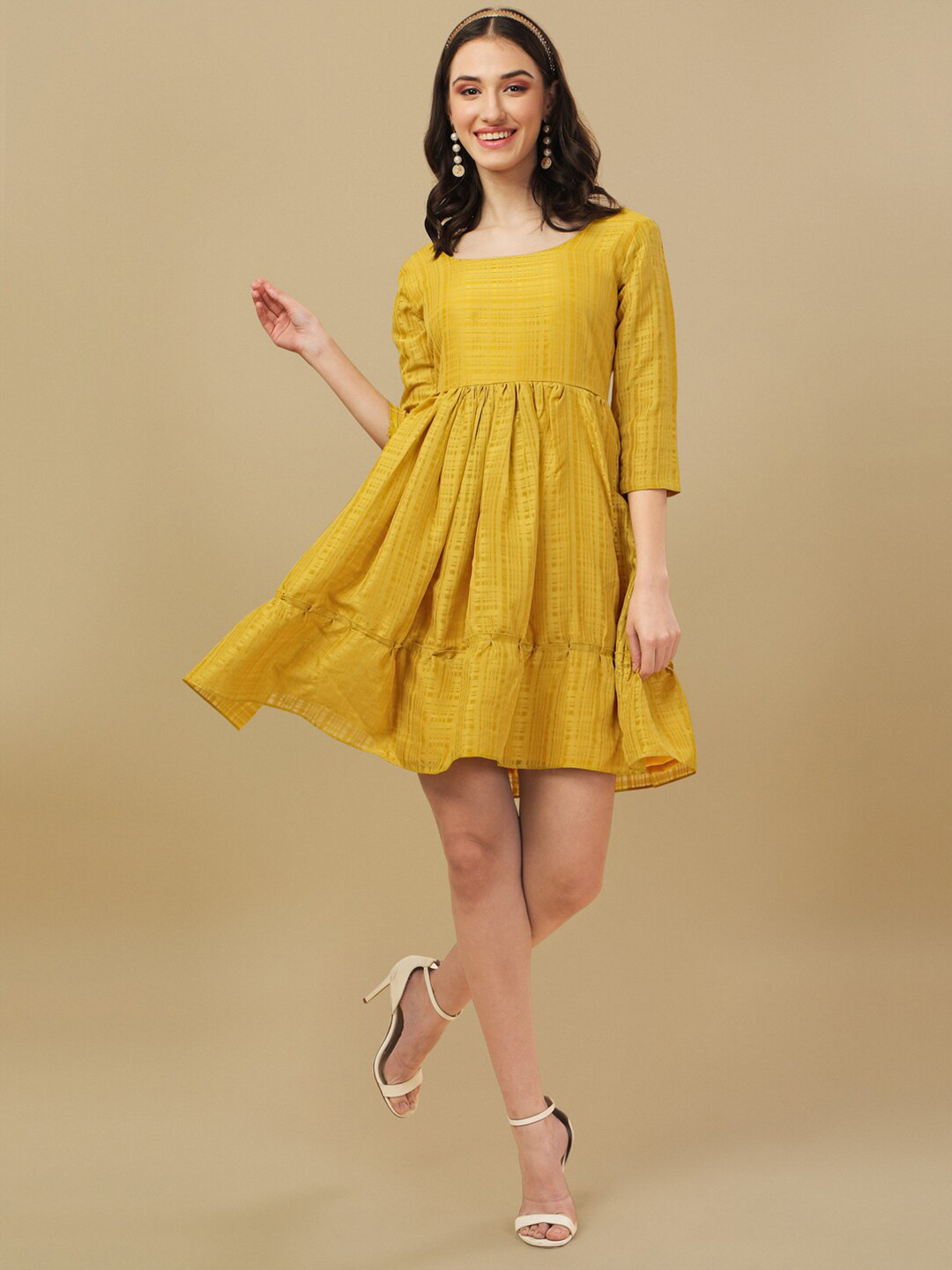

White World Round Neck Gathered Dress, Yellow