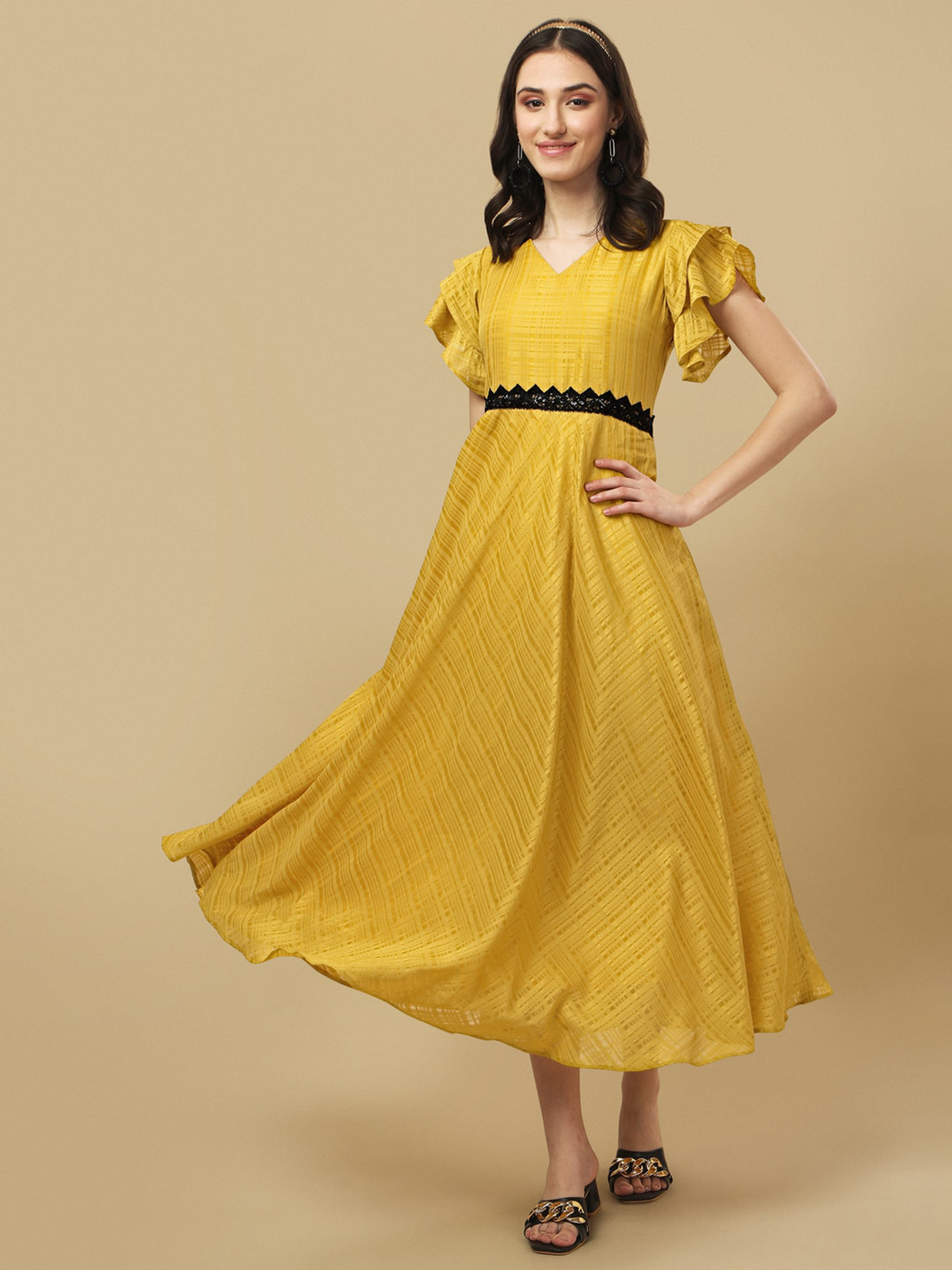 

White World Flutter Sleeves Flared Maxi Dress, Yellow