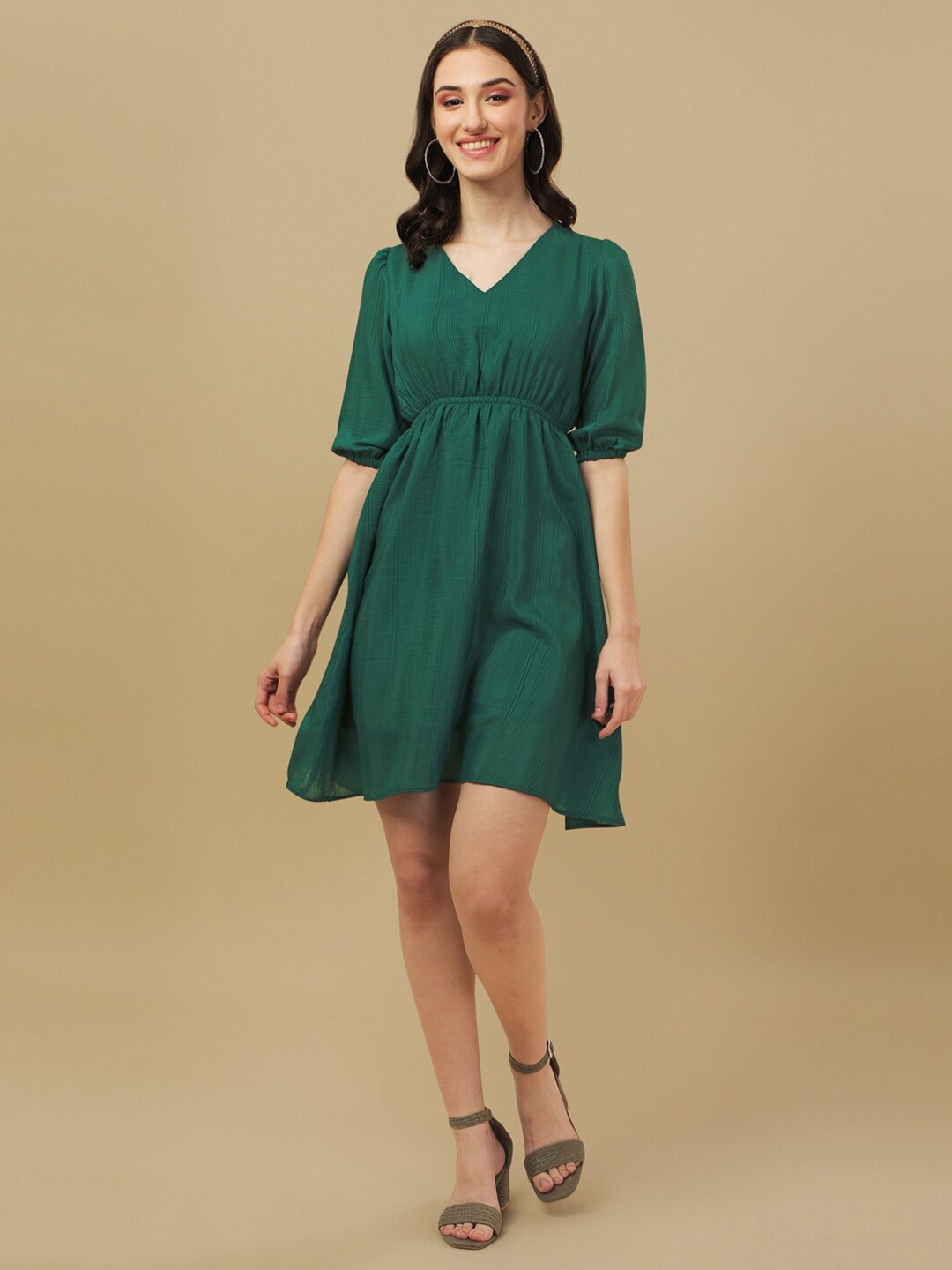 

White World V-Neck Puff Sleeves Gathered Dress, Green