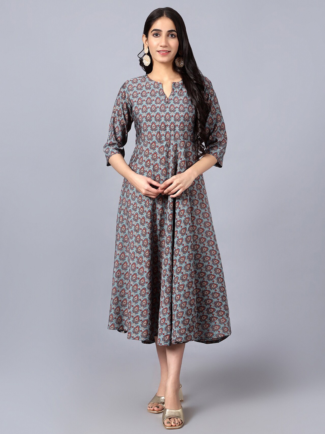 

V TRADITION Blue Floral A-Line Midi Dress