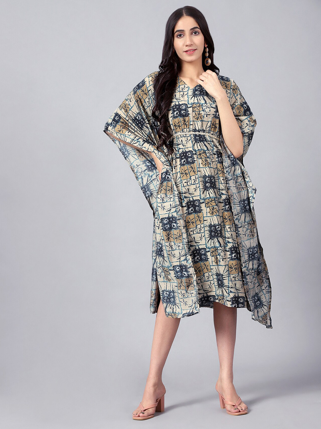

V TRADITION Grey Ethnic Motifs A-Line Midi Dress