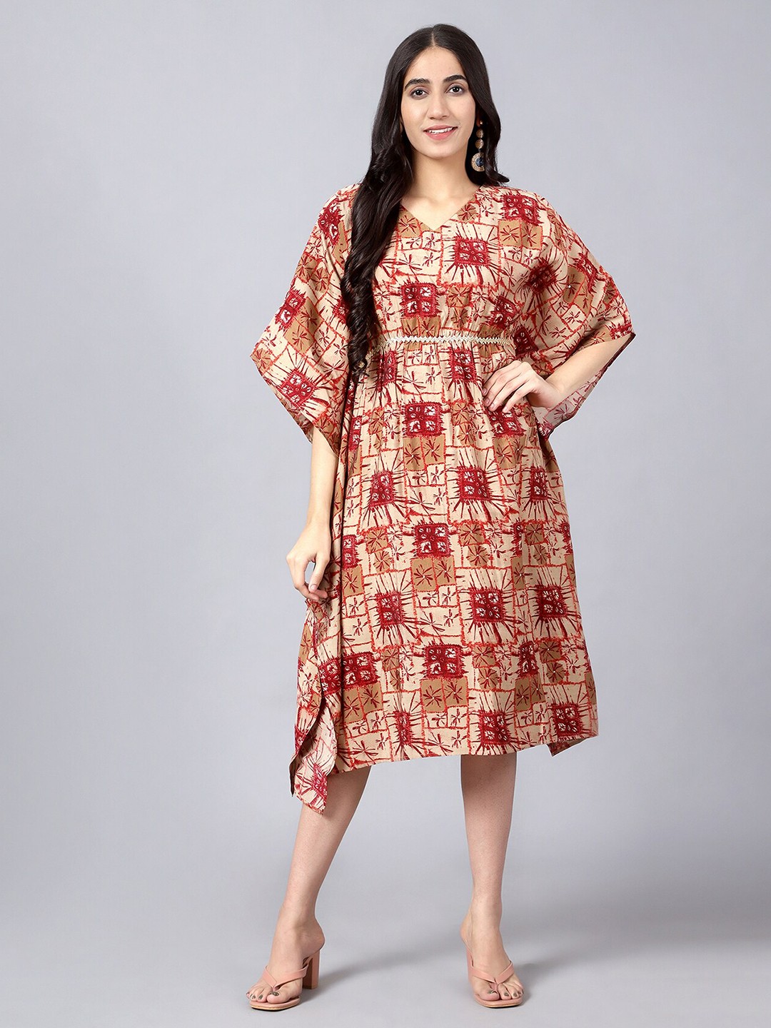 

V TRADITION Brown Ethnic Motifs Kaftan Midi Dress