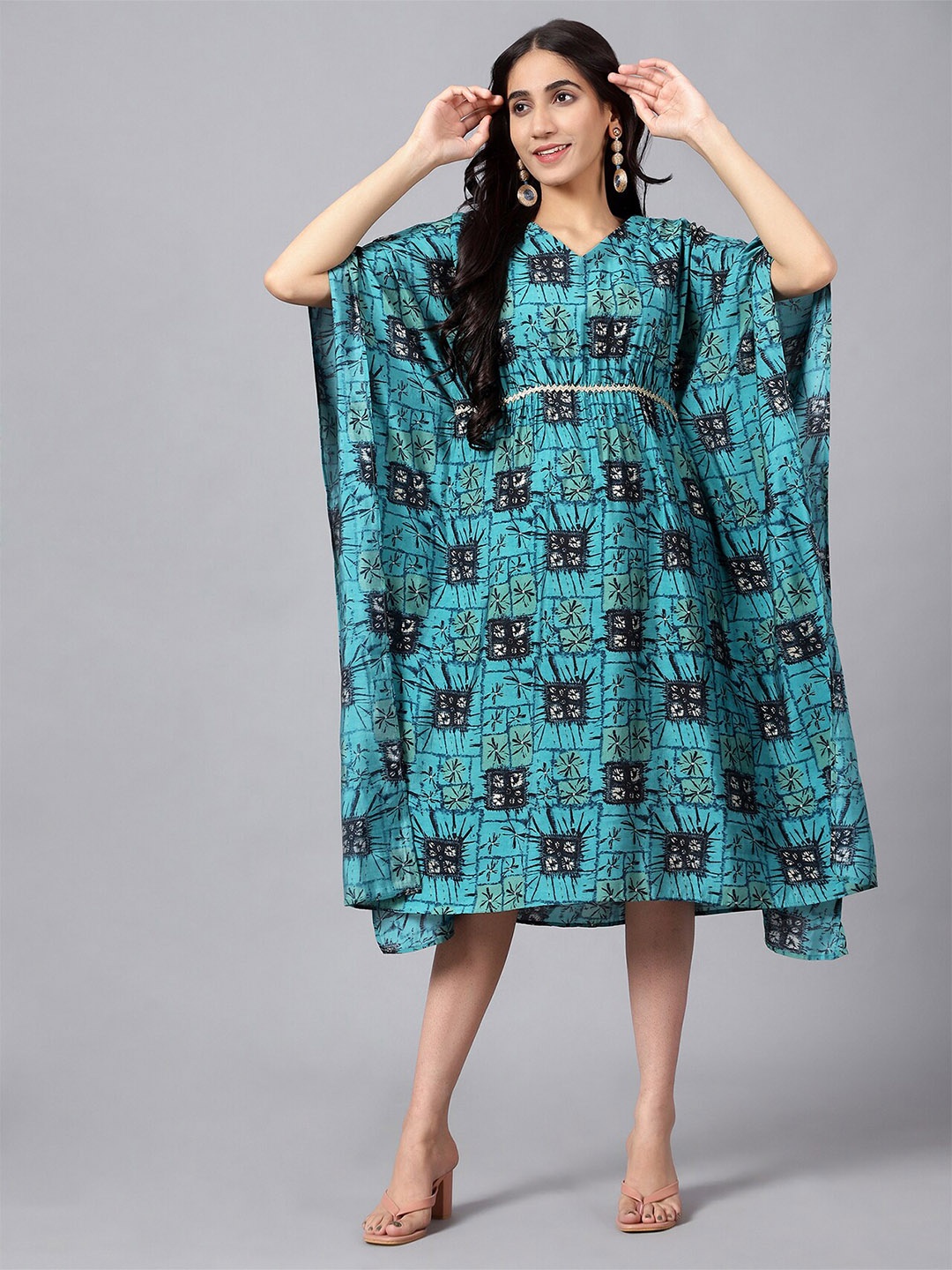 

V TRADITION Blue Floral Tie-Up Neck A-Line Midi Dress