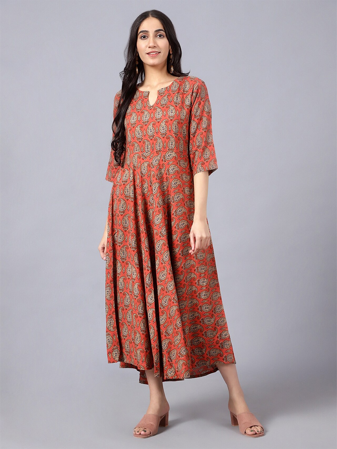 

V TRADITION Orange Ethnic Motifs Keyhole Neck A-Line Midi Dress
