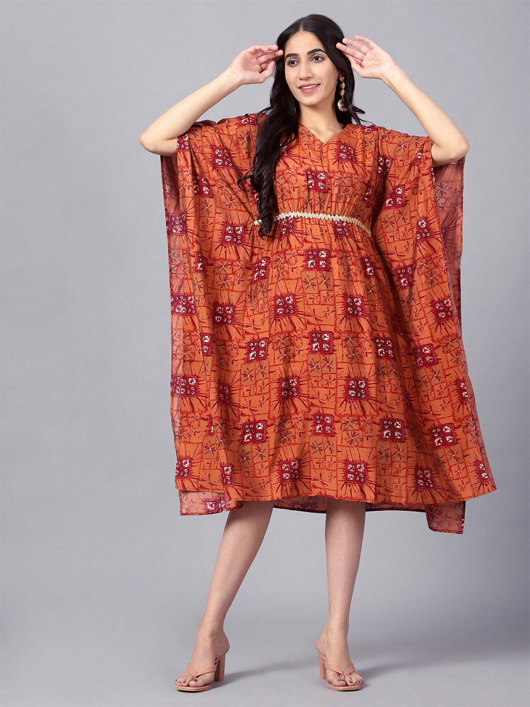 

V TRADITION Orange Ethnic Motifs Tie-Up Neck A-Line Midi Dress
