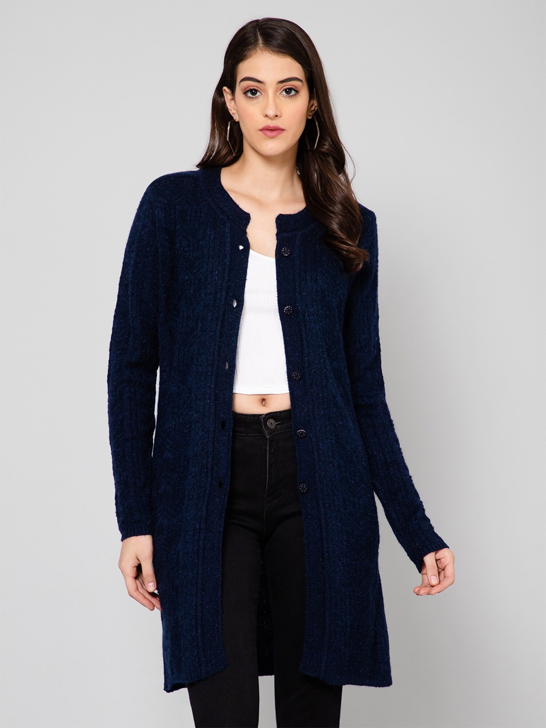 

Cantabil Women Cable Knit Longline Cardigan, Navy blue