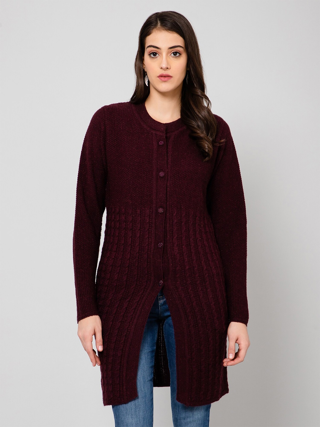 

Cantabil Women Wool Longline Cardigan, Maroon