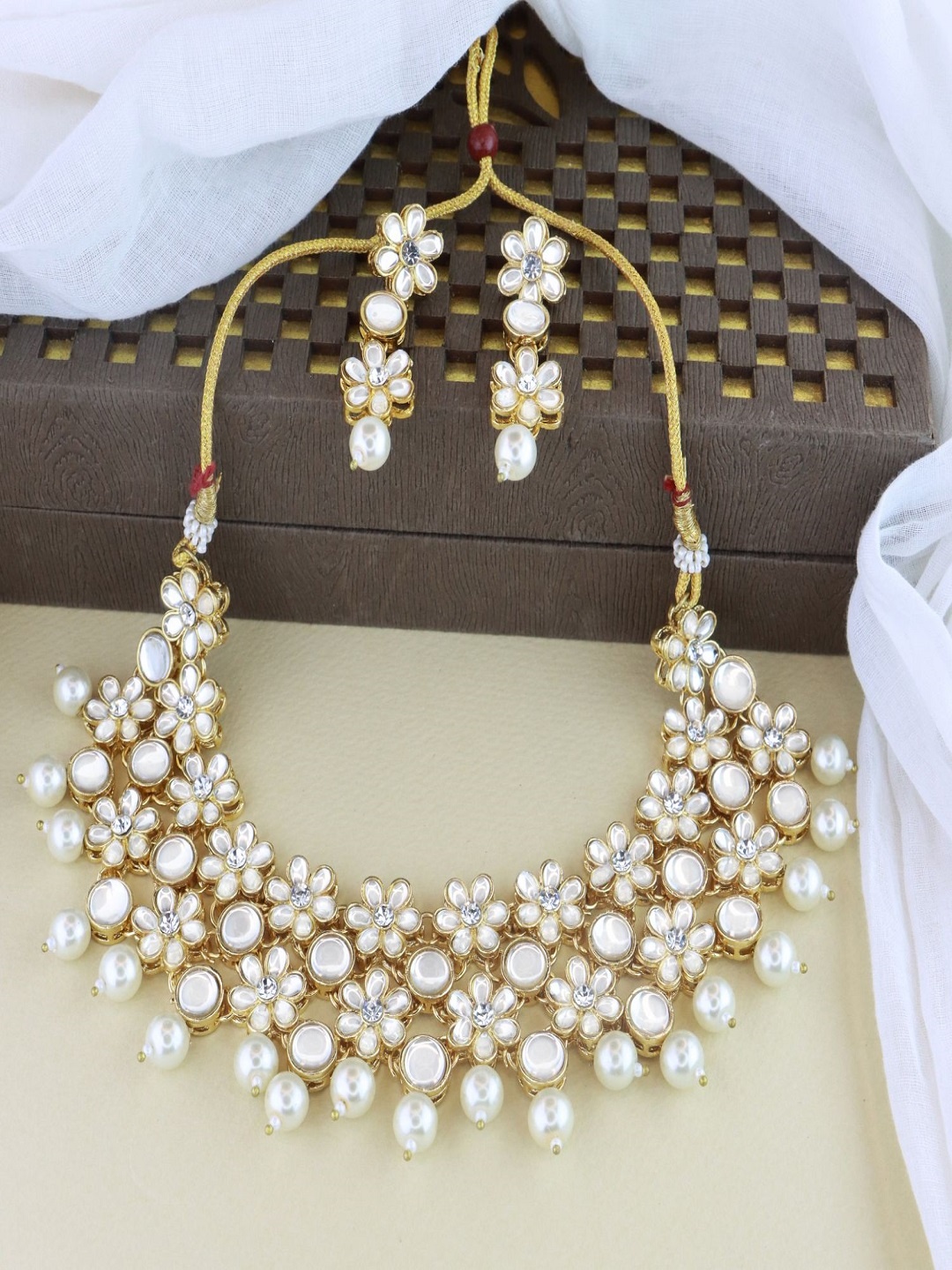 

I Jewels Gold-Plated Kundan Stone Studded and Pearl Beaded Jewellery Set, White