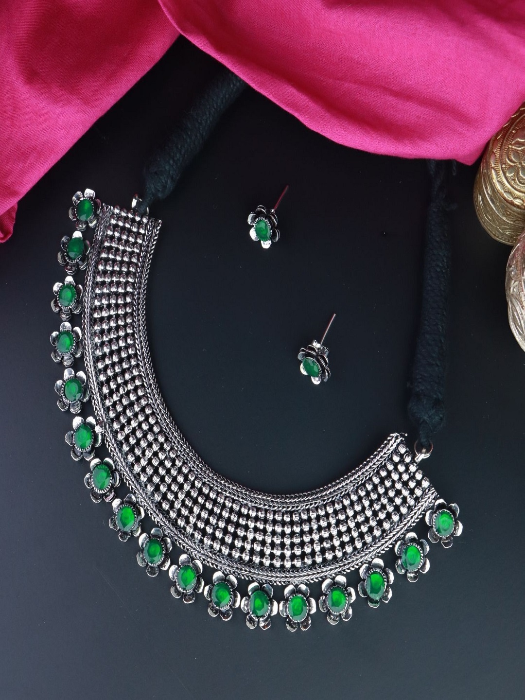 

I Jewels Silver-Plated Oxidised Choker Jewellery Set, Green