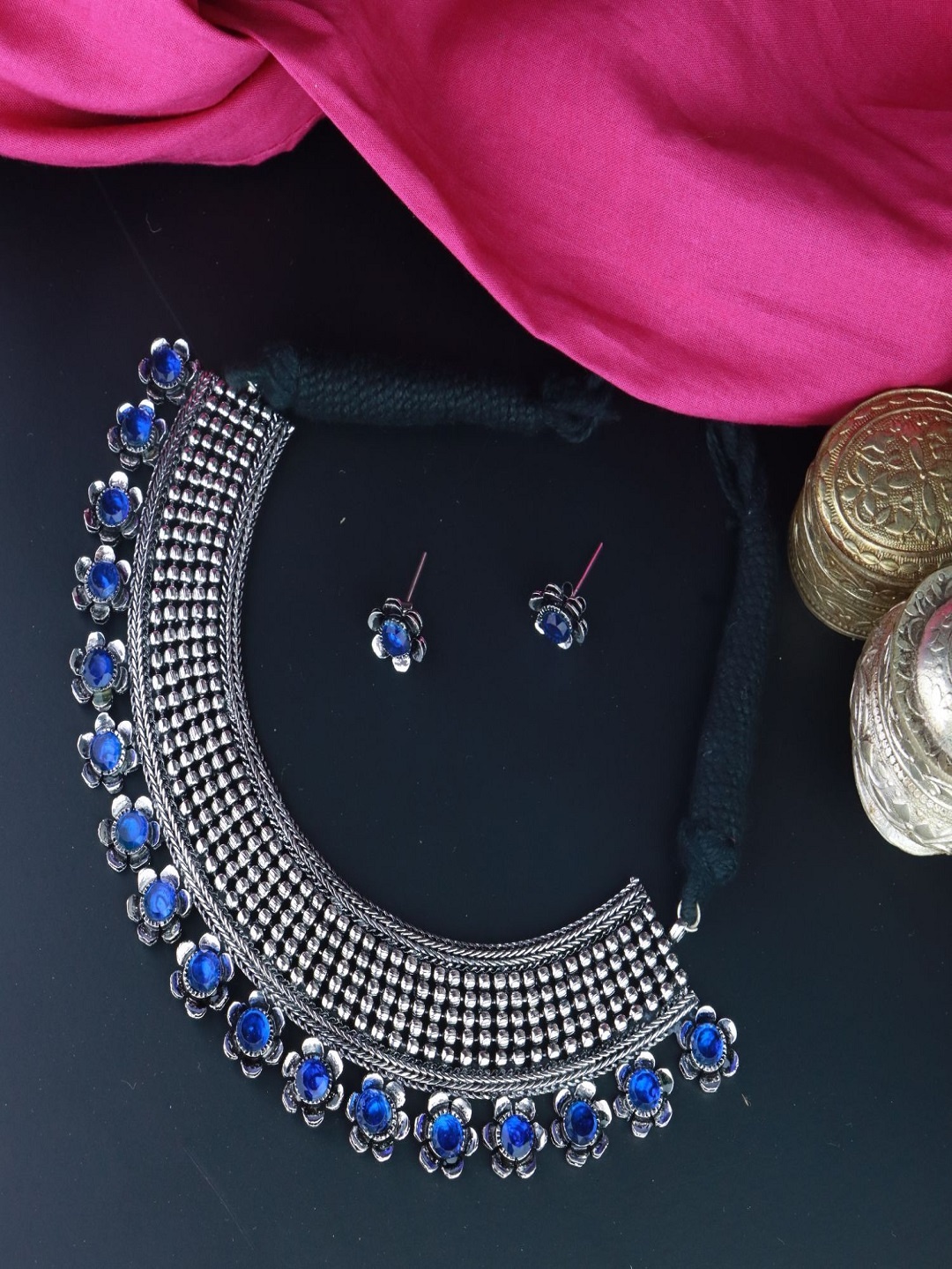 

I Jewels Oxidized Silver-Plated & Stone-Studded Choker Jewellery Set
