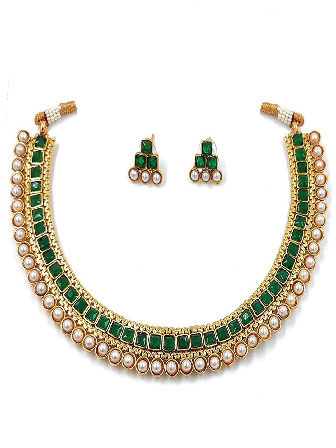 

I Jewels Gold-Plated Stone-Studded & Pearl Beaded Jewellery Set