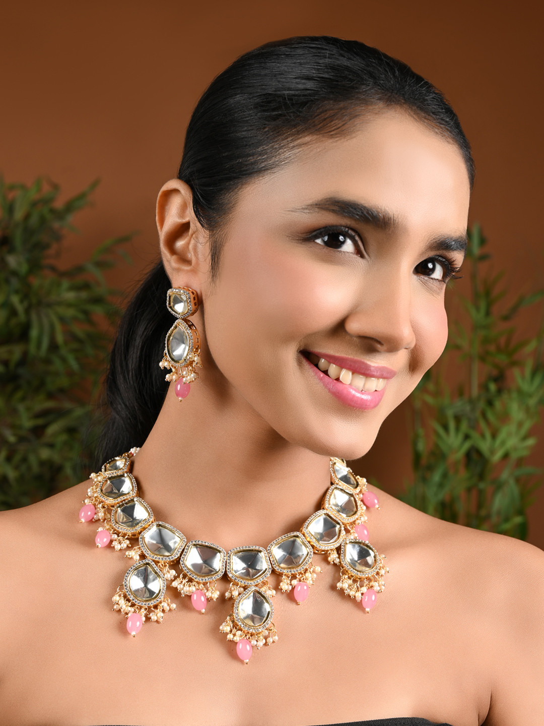 I Jewels Gold- Plated Stone Studded & Beaded Jewellery Set