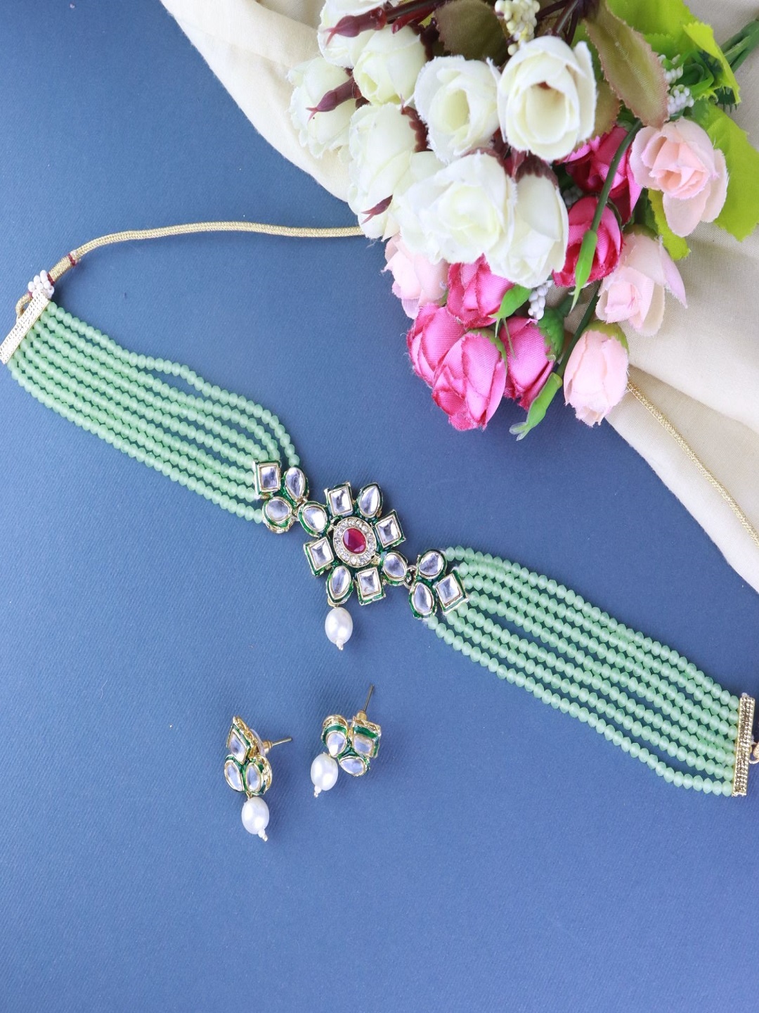 

I Jewels Gold-Plated Kundan-Studded & Pearls Beaded Jewellery Set