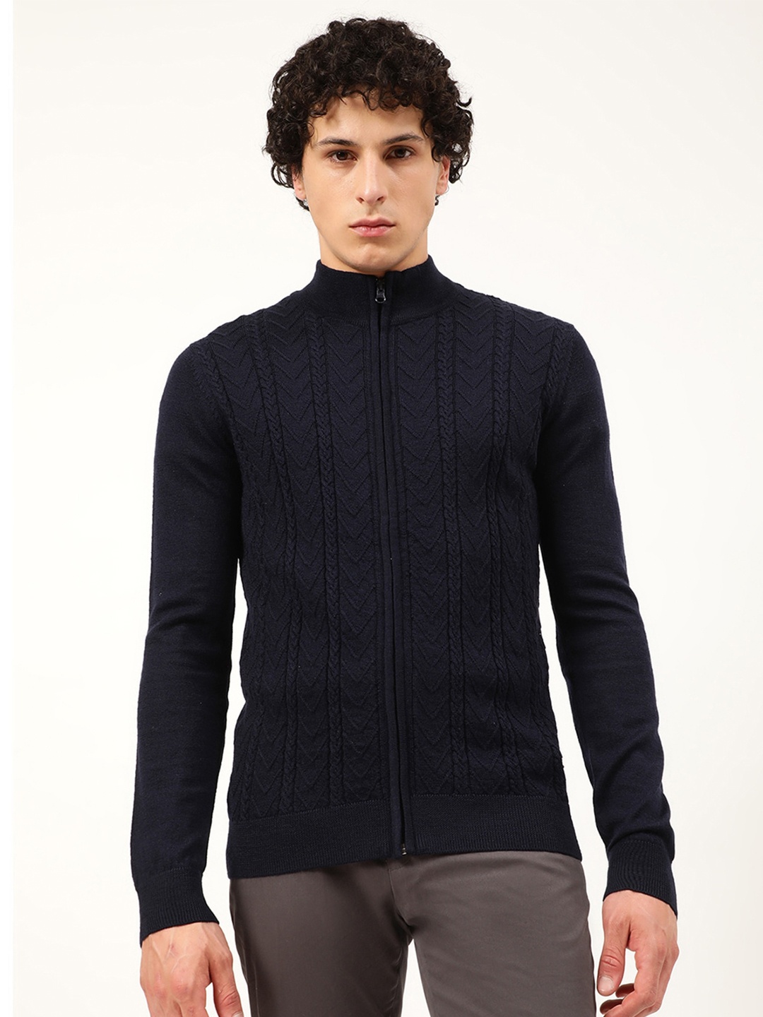 

HARSAM Men Cable Knit Cardigan, Navy blue