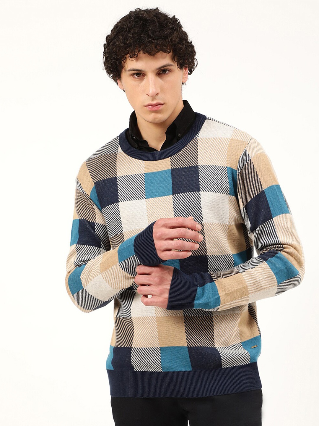 

HARSAM Men Checked Pure Cotton Pullover, White