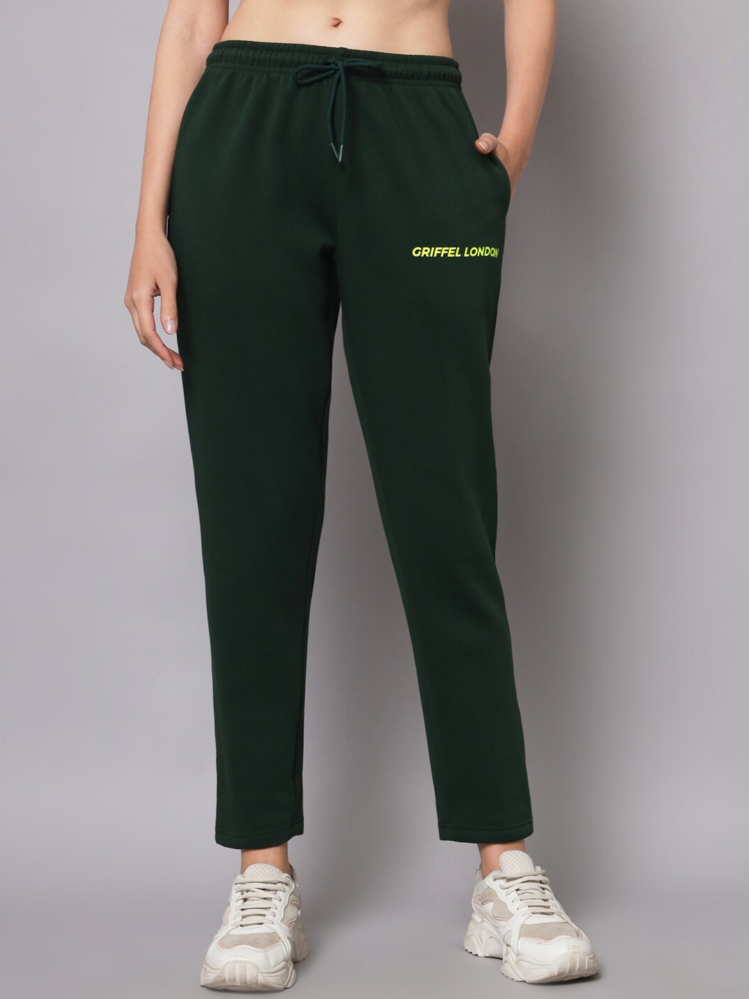 

GRIFFEL Women Brand Logo Printed Cotton Track Pants, Green