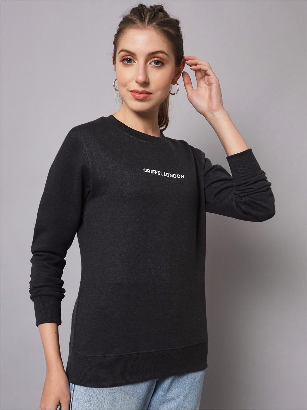 

GRIFFEL Round Neck Fleece Sweatshirt, Black