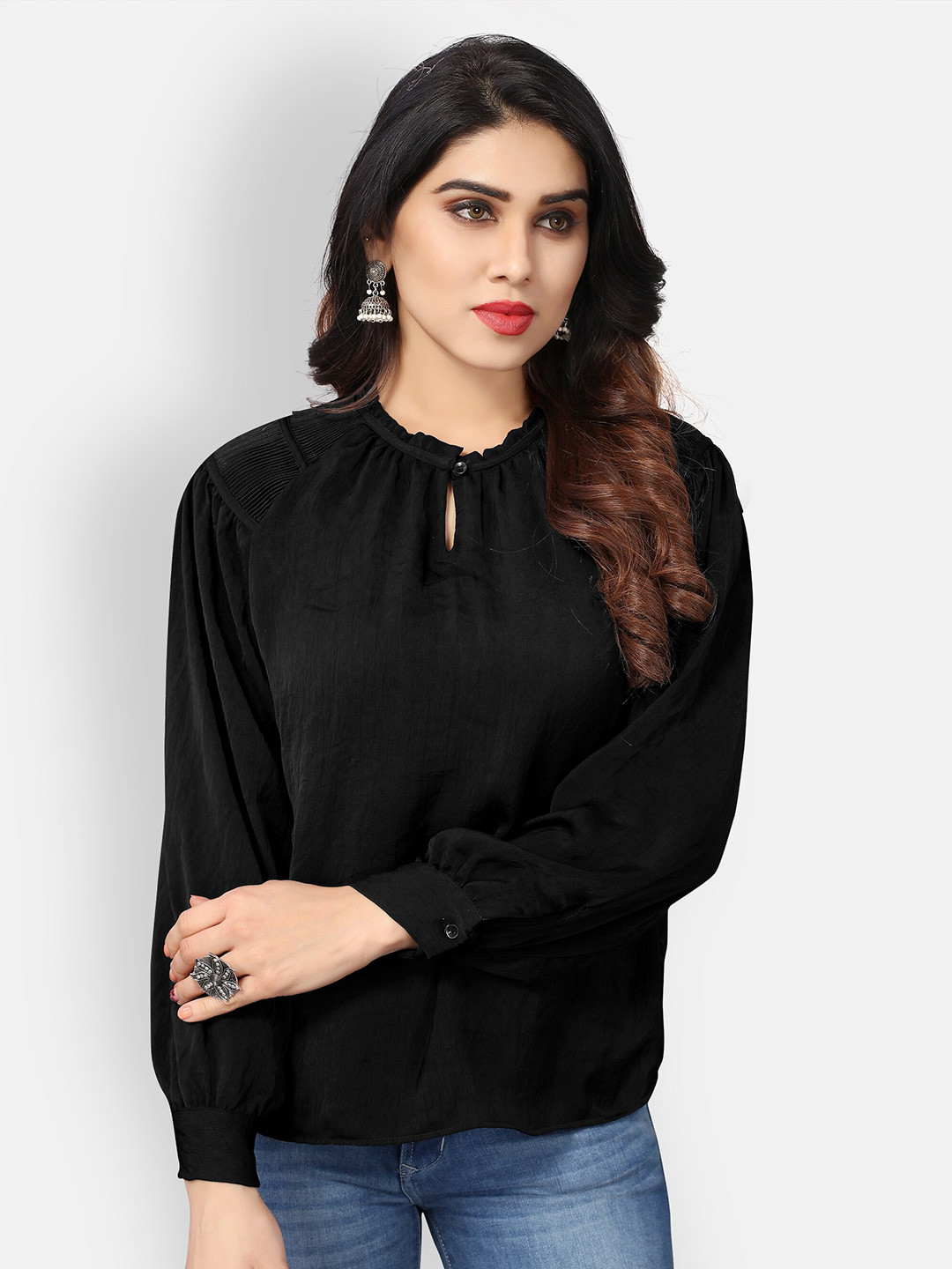 

Mclothings Black Keyhole Neck Satin Top