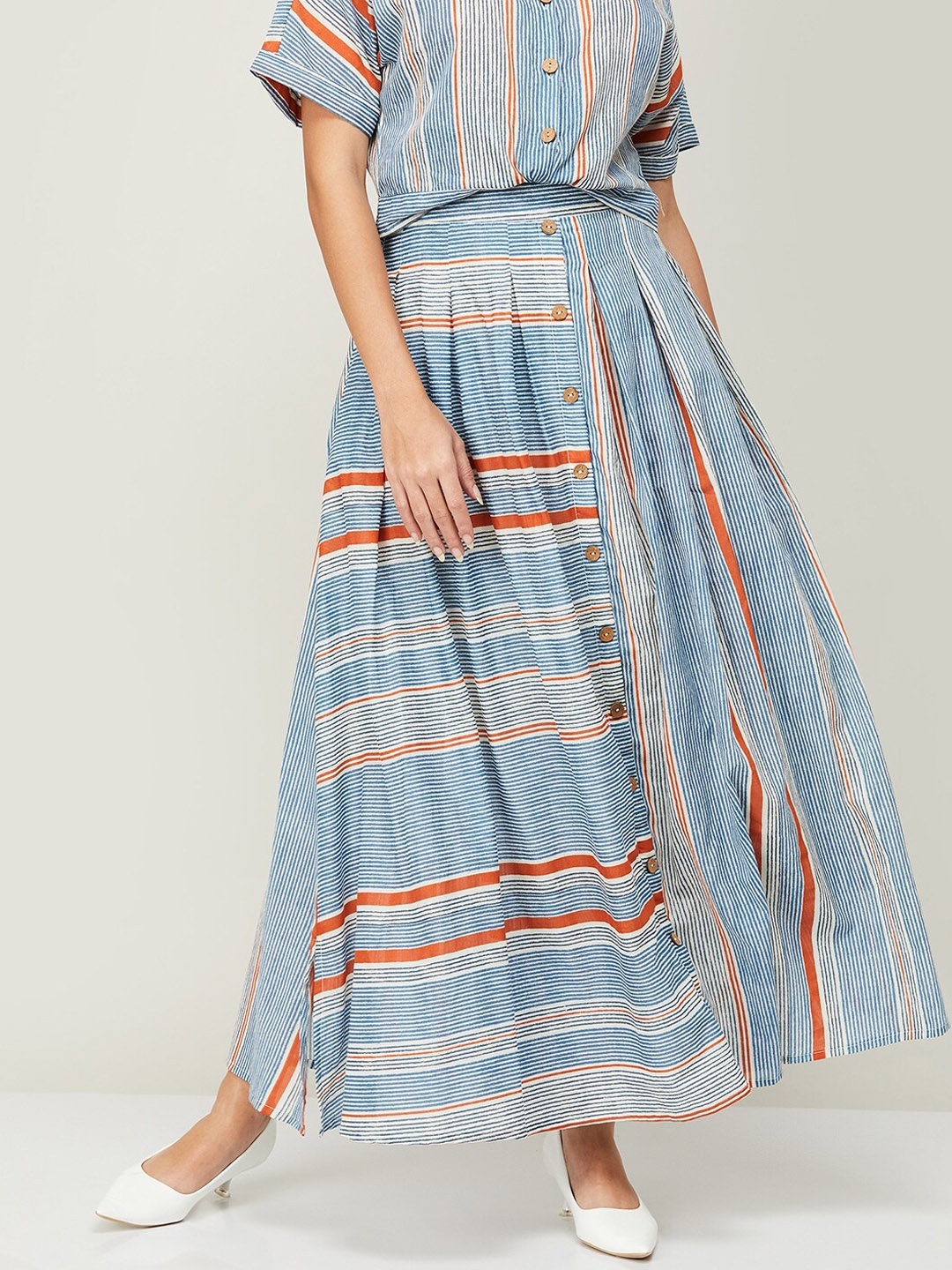 

Colour Me by Melange Striped Pure Cotton Flared Maxi Skirts, Blue