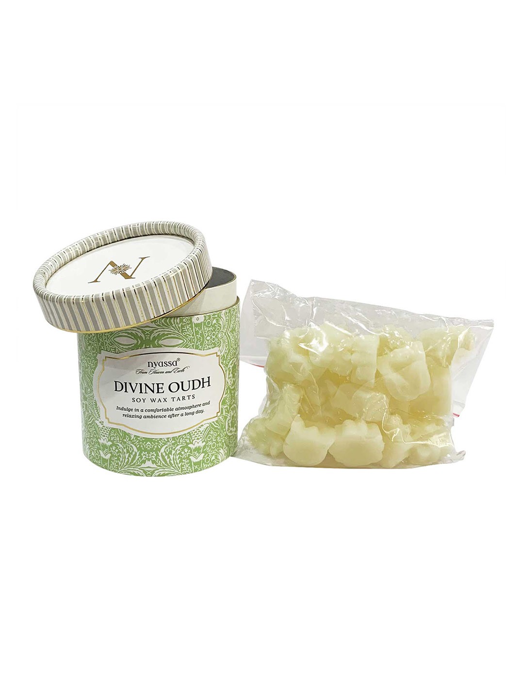 

Nyassa Divine Oudh Soy Wax Tart 100gm in Round Box Packing, White