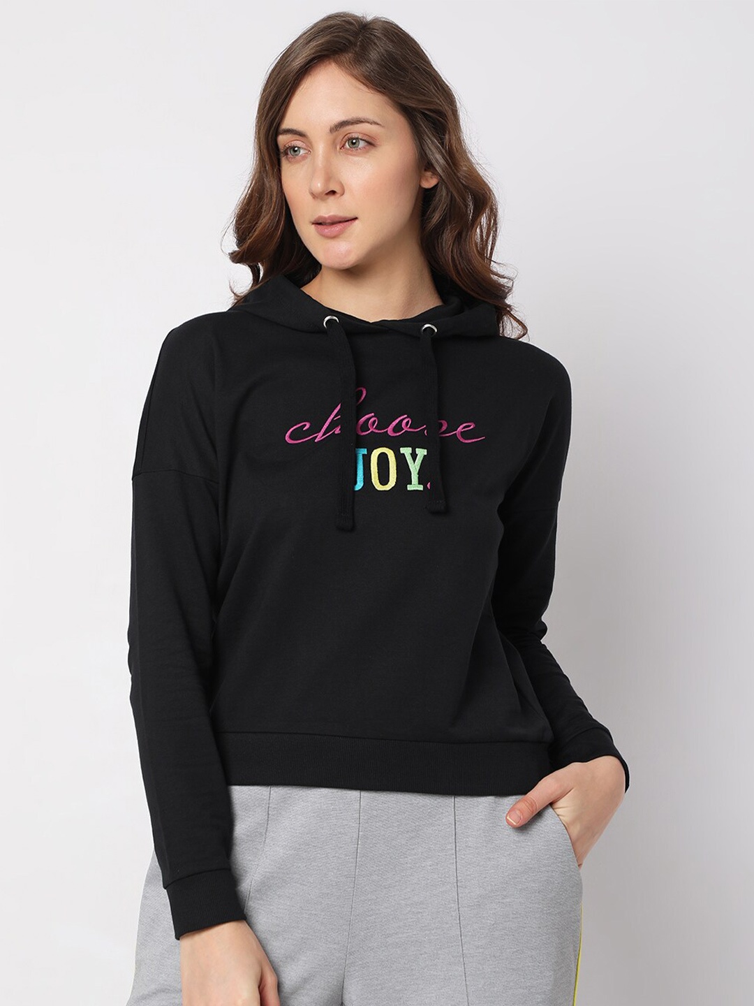 

Vero Moda Women Embroidered Hooded Cotton Sweatshirt, Black