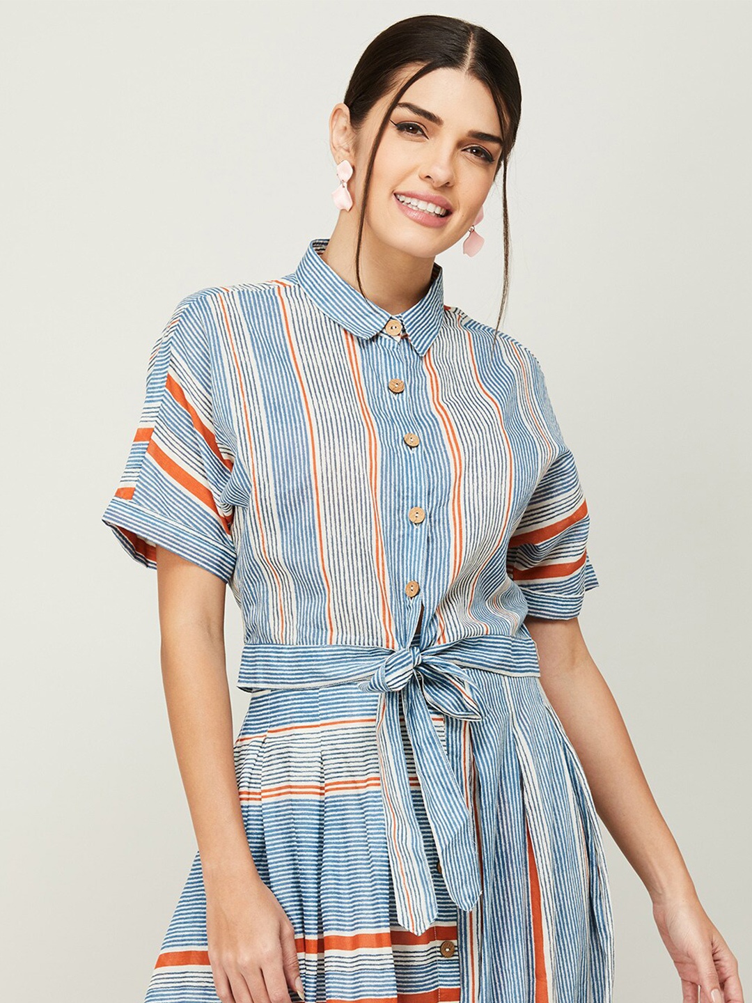 

Colour Me by Melange Striped Extended Sleeves Shirt Style Cotton Top, Blue
