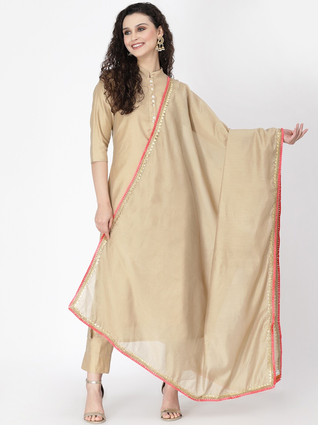 

Desi Weavess Women Kurta with Trousers & With Dupatta, Beige