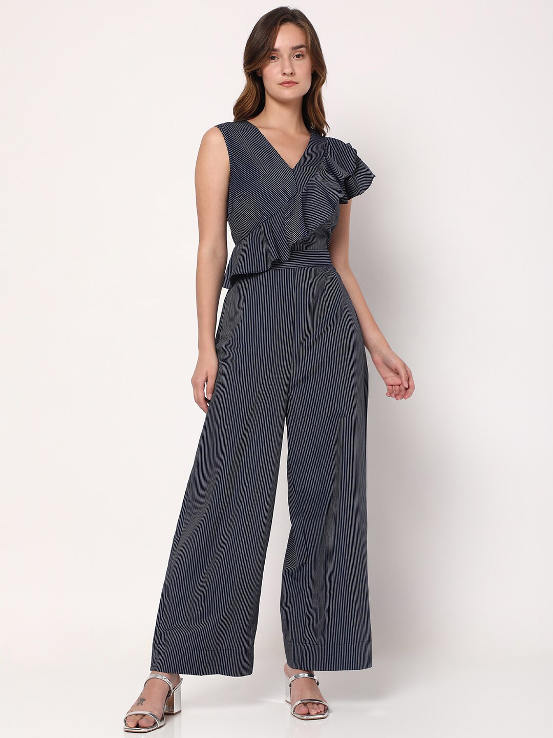 

Vero Moda Navy Tencel Striped Basic Jumpsuit with Ruffles, Navy blue
