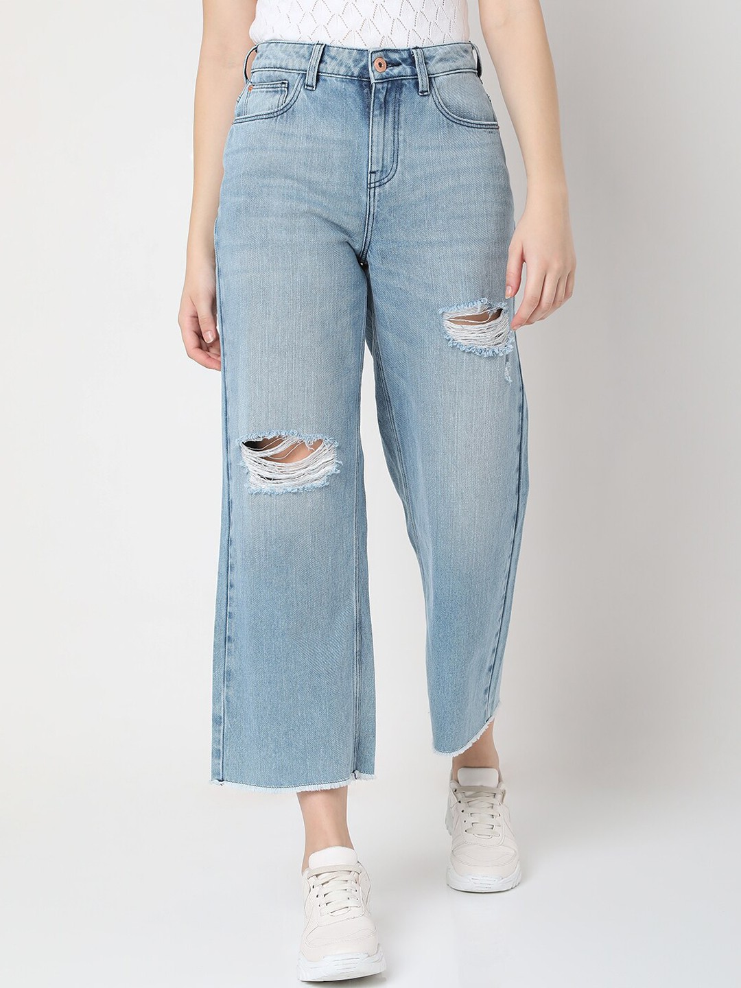 

Vero Moda Women Wide Leg High-Rise Highly Distressed Heavy Fade Cotton Jeans, Blue