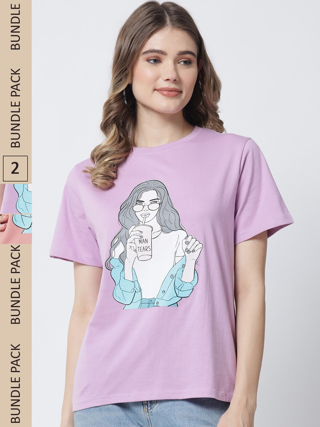 

The Dry State Women Rose & Purple Cotton Printed T-shirt Pack of 2