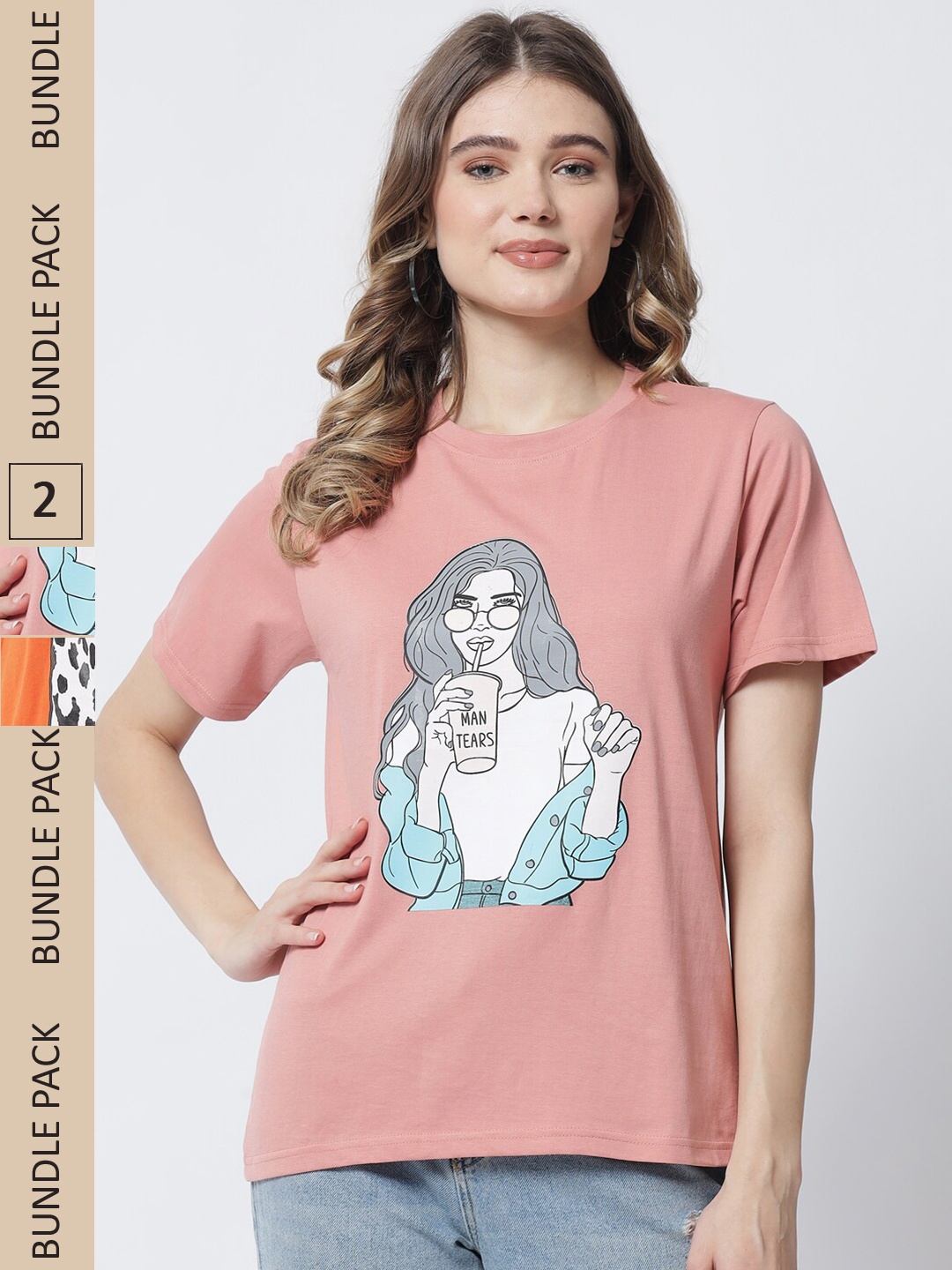 

The Dry State Women Rose & Orange Cotton Printed T-shirt Pack of 2