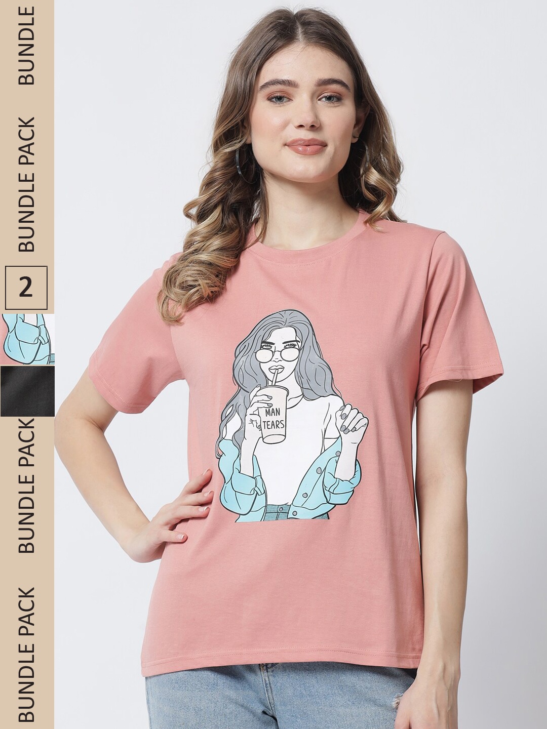 

The Dry State Women Rose & Black Cotton Printed T-shirt Pack of 2