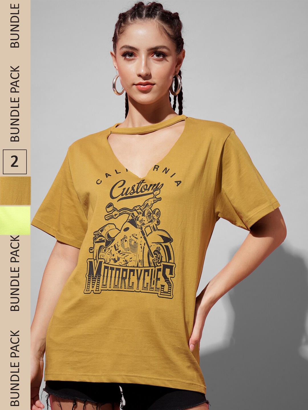 

The Dry State Women Mustard & Yellow Cotton Printed V-Neck T-shirt Pack of 2