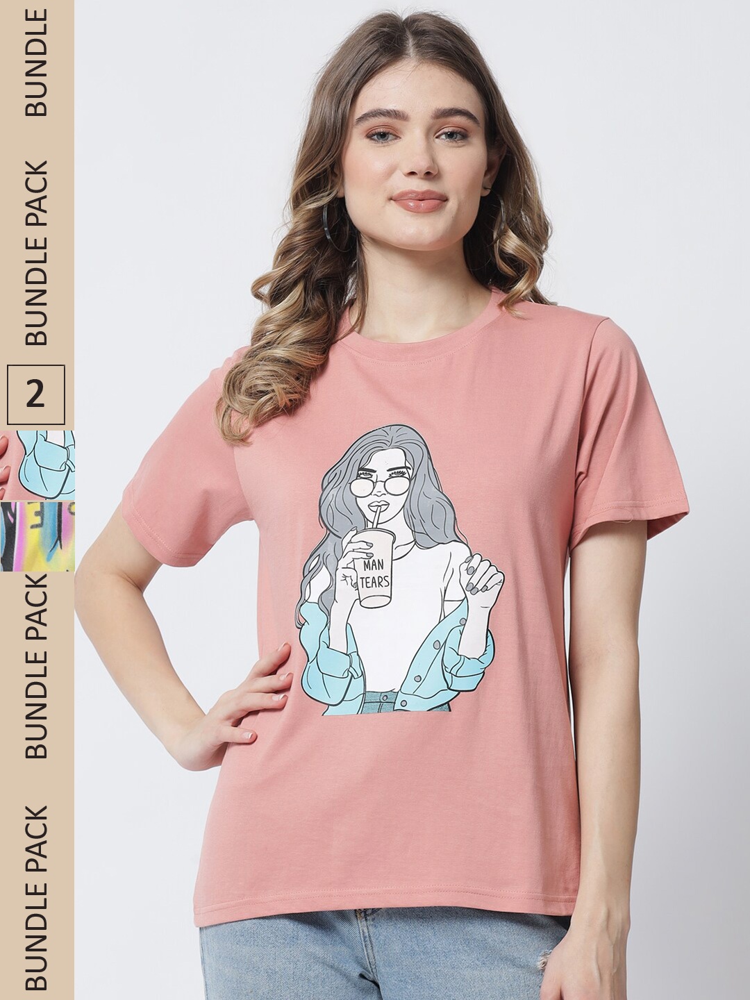 

The Dry State Women Rose & Purple Cotton Printed T-shirt Pack of 2