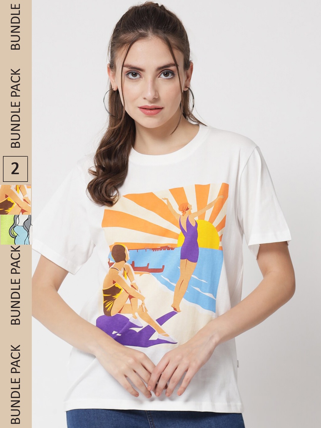 

The Dry State Women Yellow & White Cotton Printed T-shirt Pack of 2